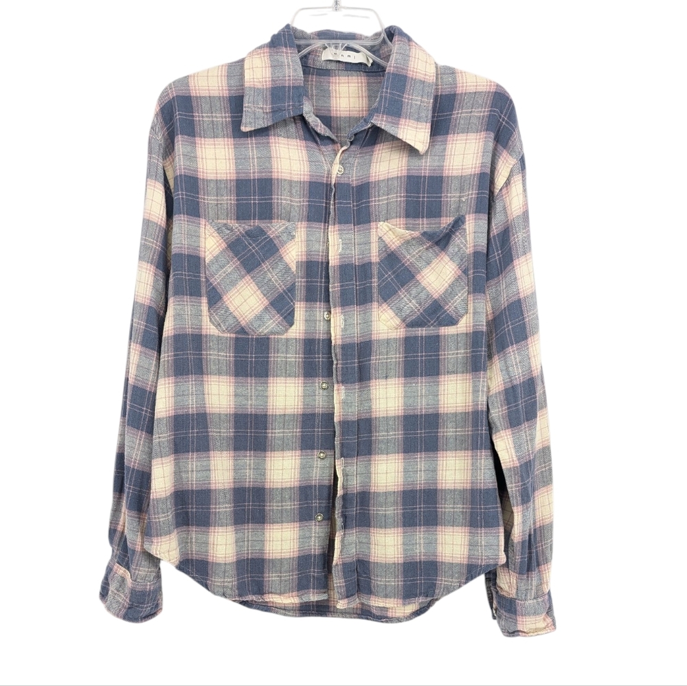 MNML Plaid Blue and Cream Metal Button Down Shirt Size Large Womens Fall Casual